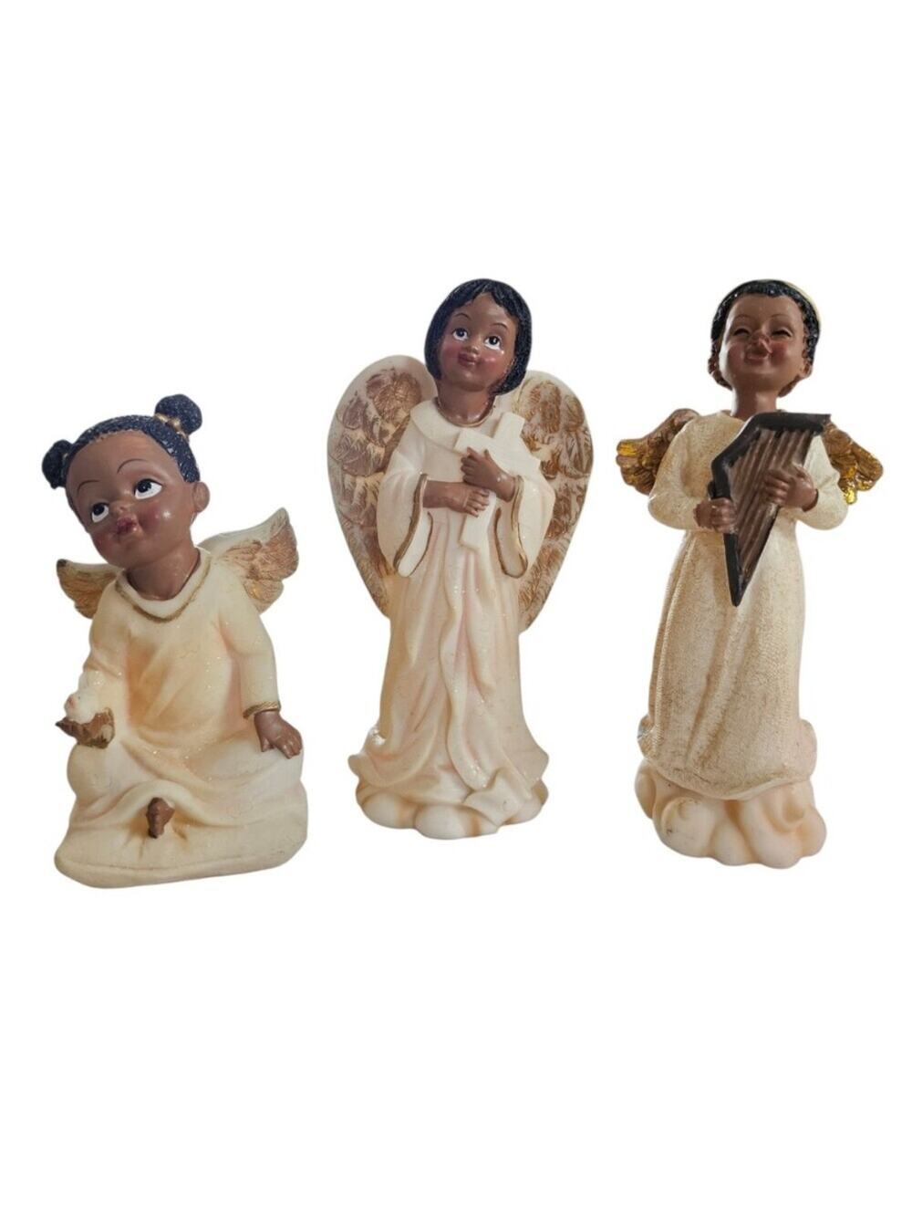 Vintage Set of 3 Cream and Gold Angel Figurines Up To 6 1/2" Tall - Picture 1 of 13